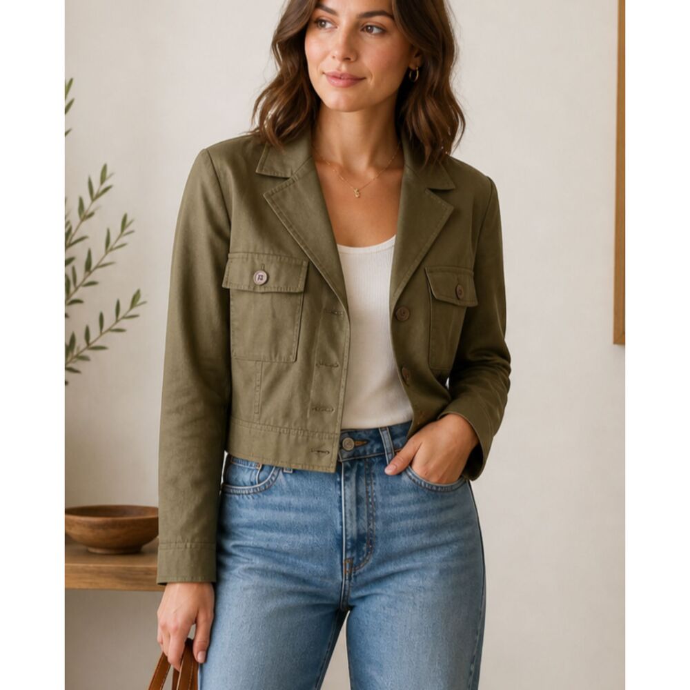 STUDIO JAX Green Blazer 14 Large Women's Button-Up Long Sleeve Short Jacket